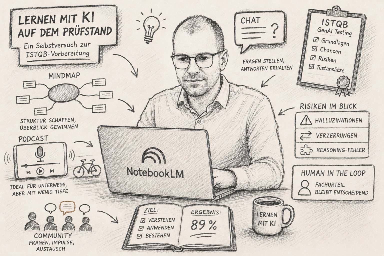 KI-generierte Handzeichnung: Matthias Groß am Laptop mit NotebookLM, umgeben von Symbolen für seine Lernwege.