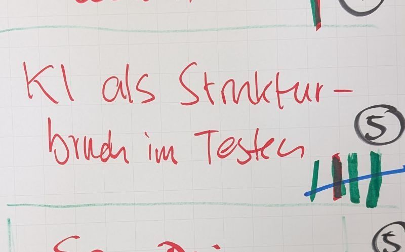 Handgeschriebenes Flipchart mit dem Thema „KI als Strukturbruch im Testen?“ und Punkten zur Abstimmung.