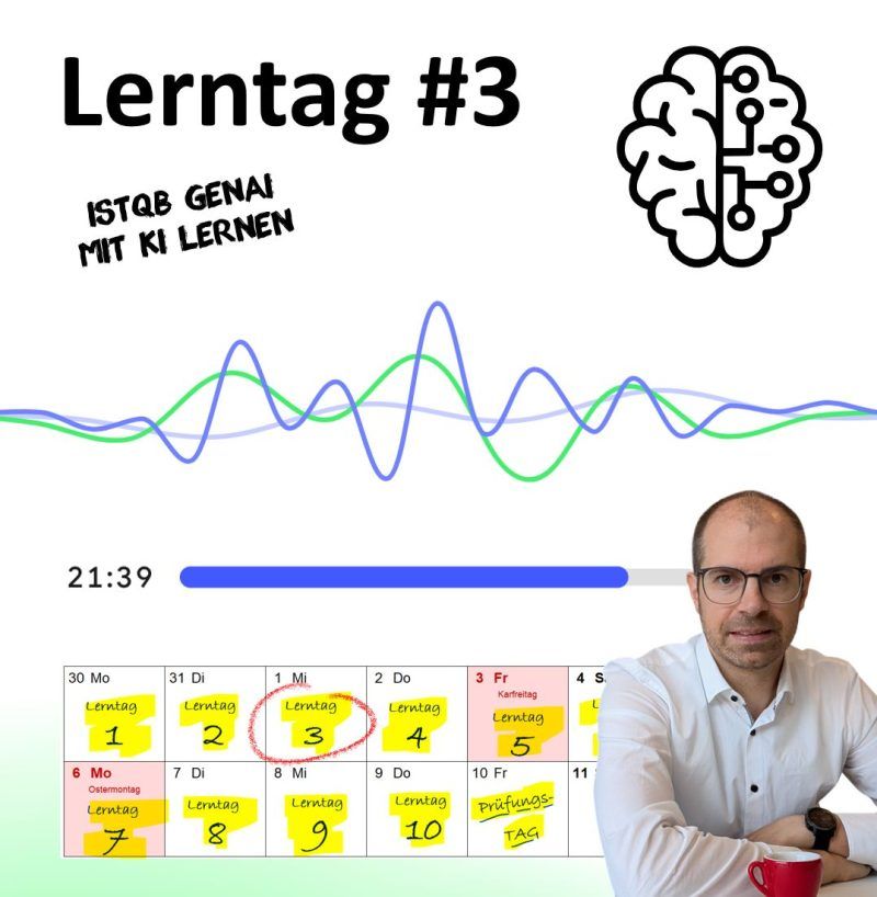 Lerntag 3: Audio-Wellenform mit Fortschrittsbalken bei 21:39 Minuten, daneben Matthias Groß mit Kaffeetasse.