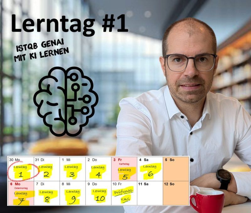 Lerntag 1: Porträtfoto von Matthias Groß in einer Bibliothek, darunter der Lernkalender.