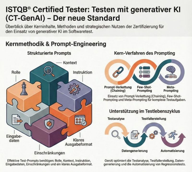 Infografik zu ISTQB CT-GenAI: 6 Puzzleteile zu Rolle, Kontext, Instruktion, Eingabedaten, Einschränkungen und Ausgabeformat.