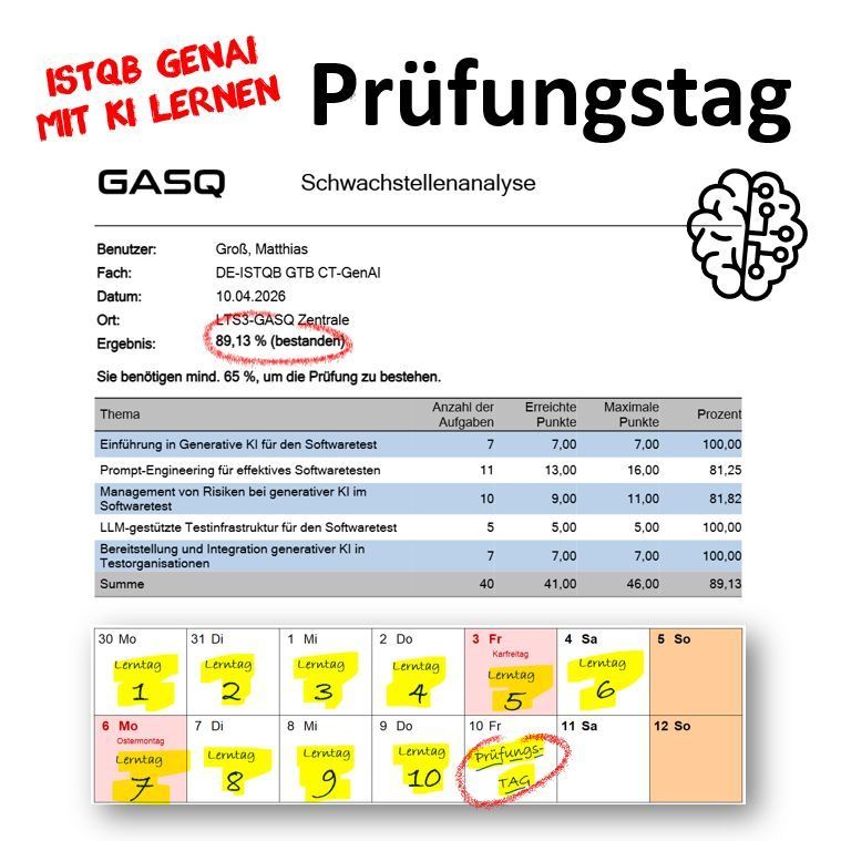 GASQ-Prüfung mit 89,13 Prozent bestanden: Ergebnisbogen, darunter der Kalender mit allen Lerntagen.