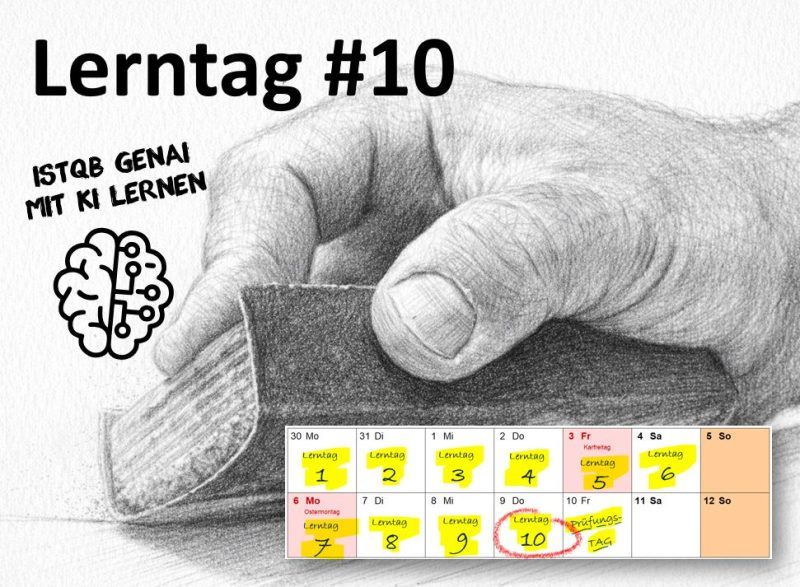 Lerntag 10: Bleistiftzeichnung einer Hand, die eine Karteikarte hält, dazu der Lernkalender.