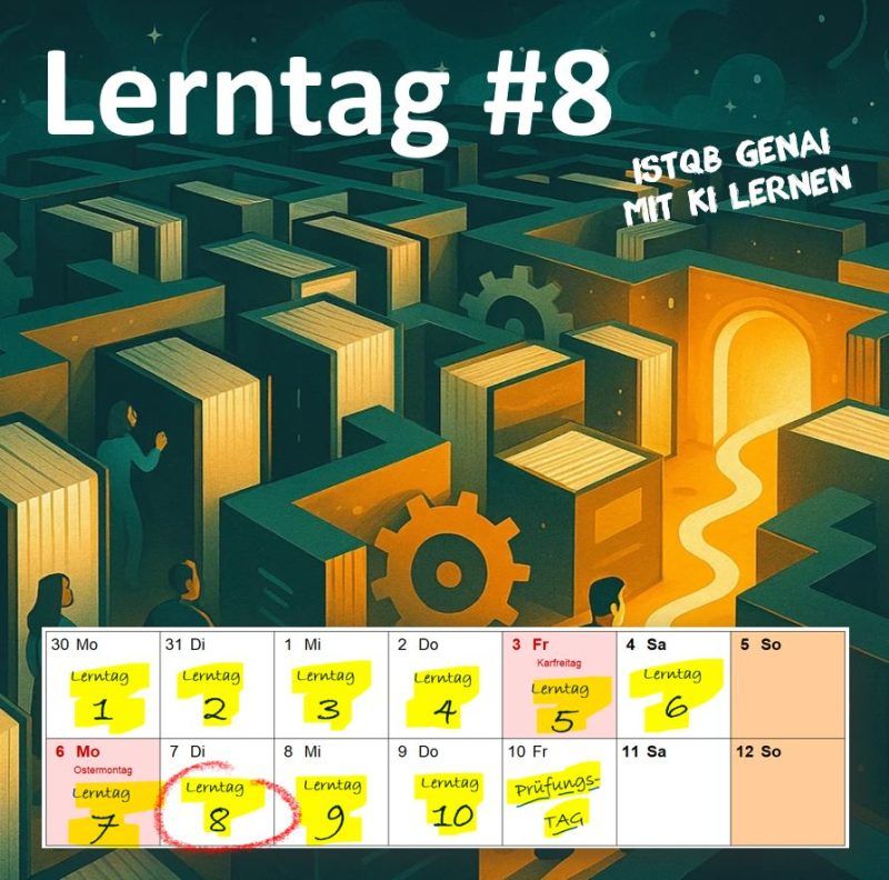 Lerntag 8: Illustration eines Bücher-Labyrinths mit hell erleuchtetem Ausgang, dazu der Lernkalender.
