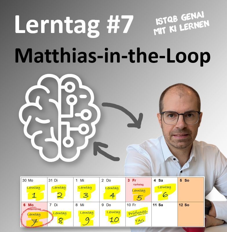 Lerntag 7, Matthias-in-the-Loop: Brain-Circuit-Symbol mit Pfeilen zu einem Porträtfoto von Matthias Groß.