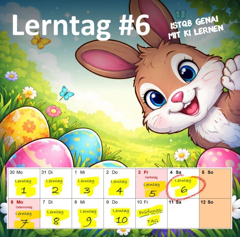 Lerntag 6: Illustration eines Osterhasen mit bunten Ostereiern, darunter der Lernkalender.