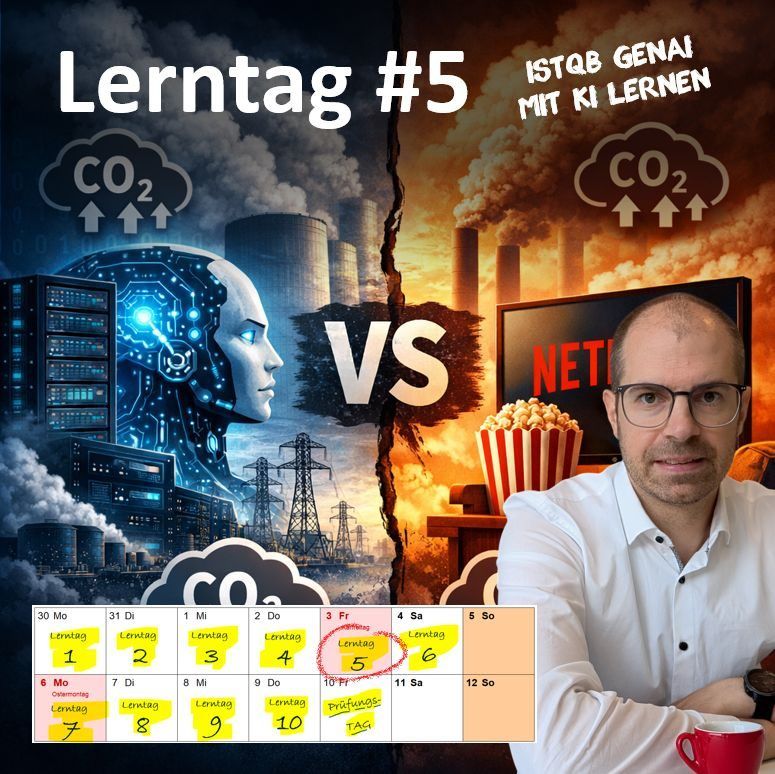 Lerntag 5: KI-Roboterkopf gegen Fernseher mit Popcorn, beide mit CO2-Wolken, daneben Matthias Groß mit Kaffeetasse.