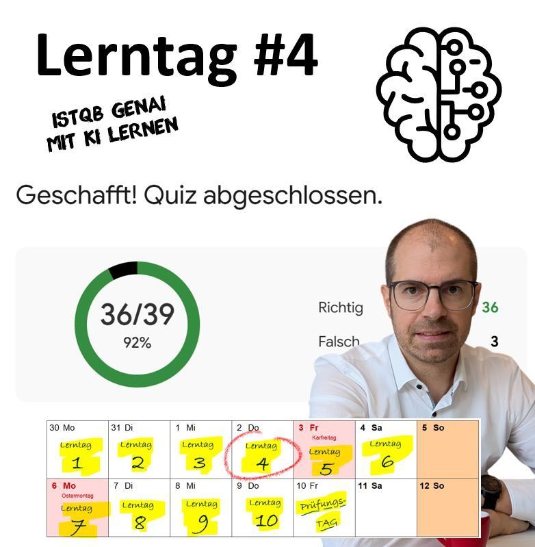 Lerntag 4, Quiz abgeschlossen: Ringdiagramm mit 36 von 39 Punkten (92 Prozent), daneben Matthias Groß.
