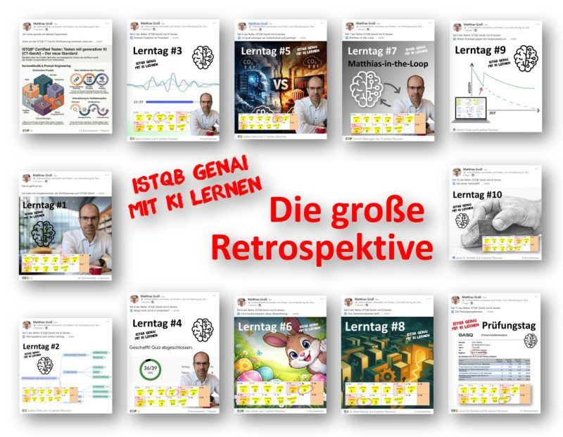 Die große Retrospektive: Collage aus 10 Lerntag-Kacheln der Reihe ISTQB GenAI mit KI lernen.
