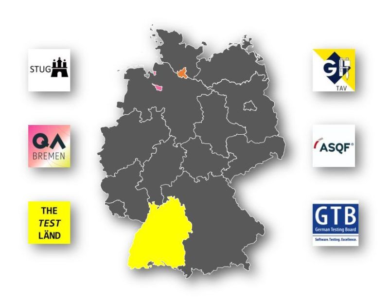 Deutschlandkarte mit den Logos von Testing-Communities wie STUG, GfTAV, QA Bremen, ASQF, TestLänd und German Testing Board, Baden-Württemberg gelb hervorgehoben.