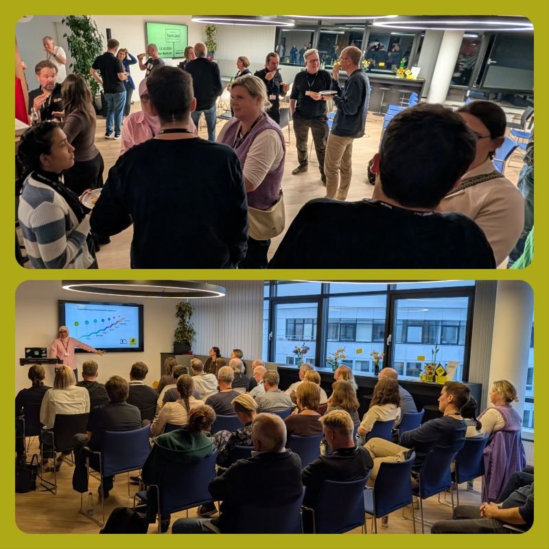 Collage vom TestLänd After Work #6: oben Teilnehmende im Gespräch beim Networking, unten Lilia Gargouri bei ihrem Vortrag vor voll besetzten Stuhlreihen.