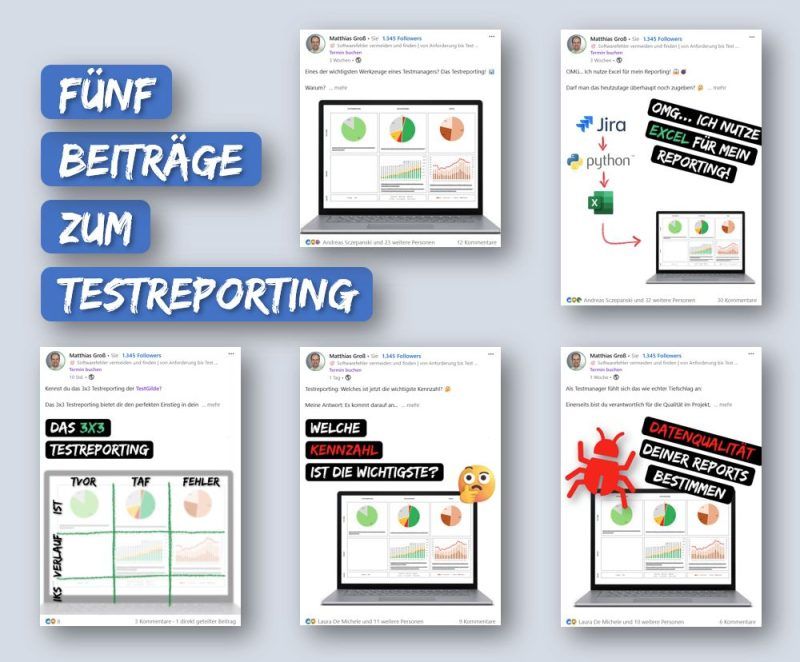 Collage aus fünf LinkedIn-Beiträgen zum Testreporting mit der Überschrift Fünf Beiträge zum Testreporting.