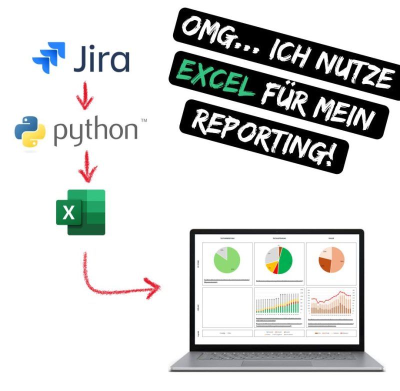 Jira, Python und Excel als Pfeilkette zum Reporting-Dashboard, dazu der Ausruf OMG, ich nutze Excel für mein Reporting.