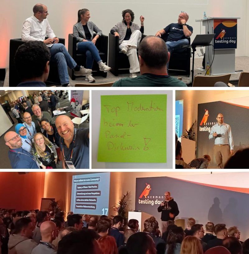 Collage vom German Testing Day 2026: Matthias Groß moderiert das Panel mit Pia Wiedermayer, Erika Goericke und Rudolf Grötz, dazu ein Zettel mit „Top Moderation bei der Panel-Diskussion“.