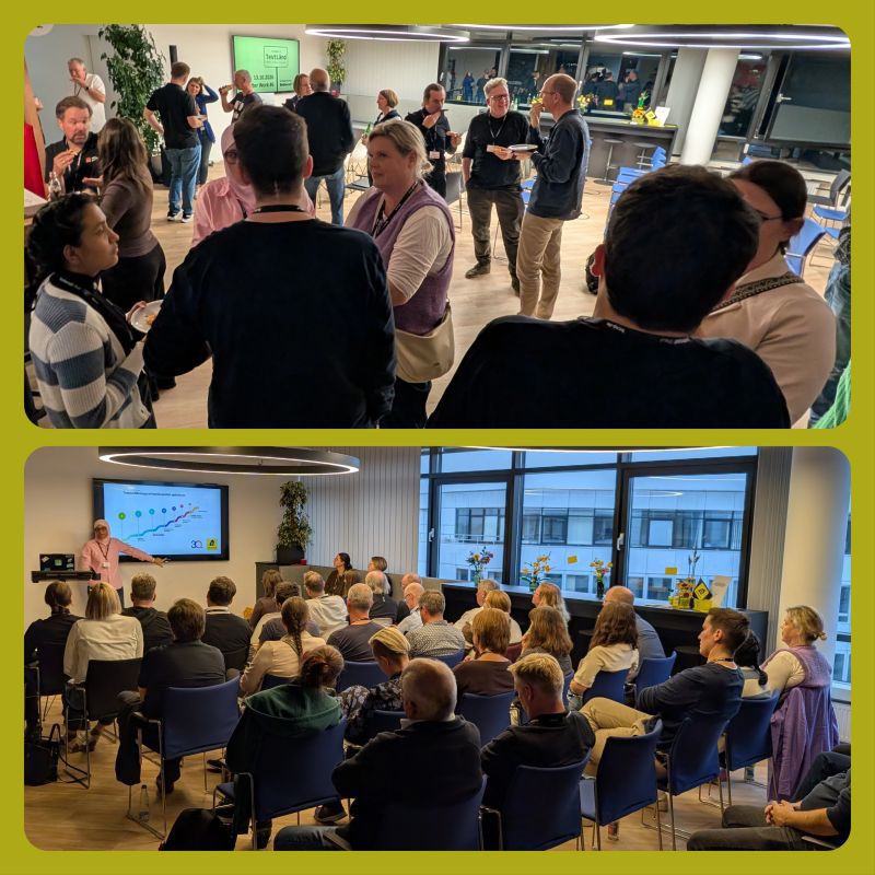 Collage aus zwei Fotos vom TestLänd After Work. Oben: Gäste stehen in kleinen Gruppen beisammen und unterhalten sich, im Hintergrund zeigt ein Bildschirm das TestLänd-Logo. Unten: Rund 40 Personen hören Lilia Gargouri zu, die eine Präsentation hält.
