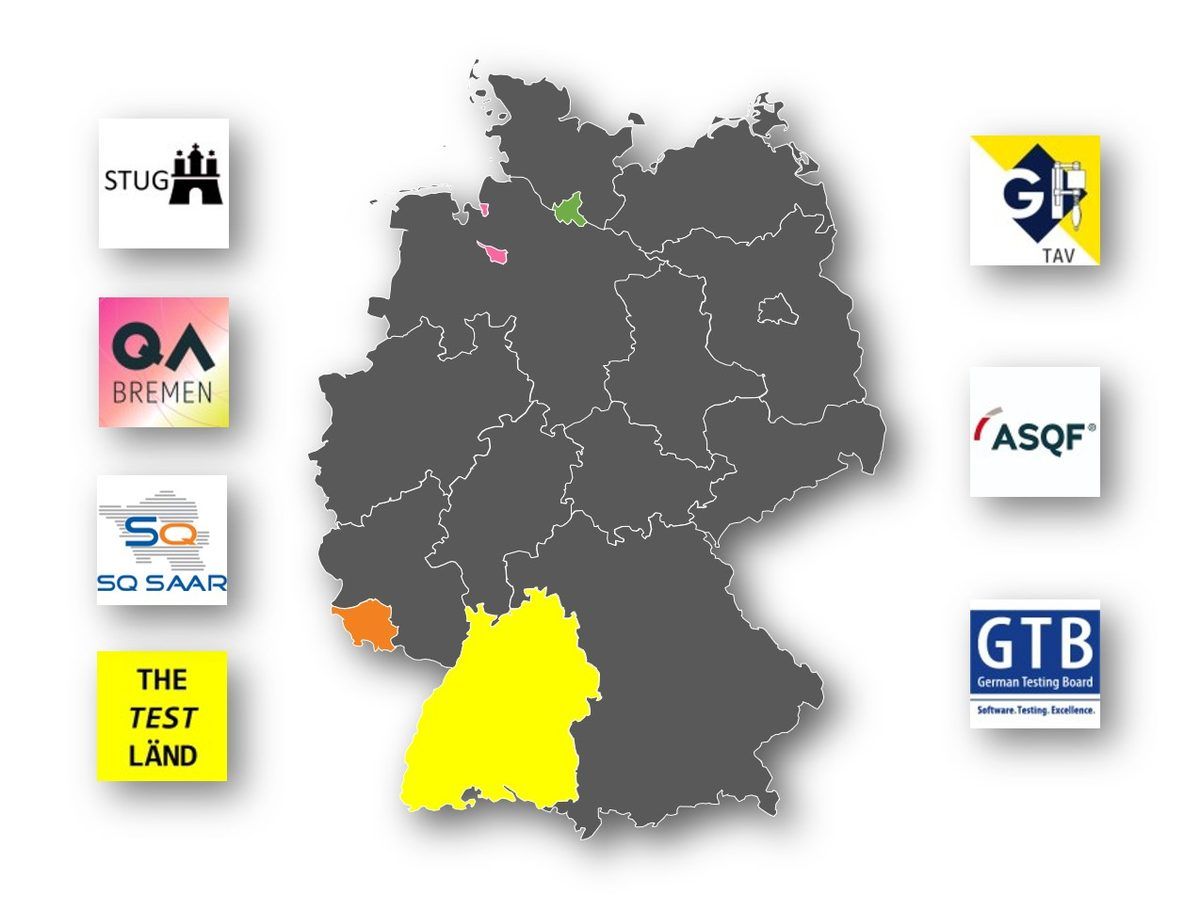Karte der deutschen Software-Qualitäts-Communities: StugHH, QABremen, Testing MeetUp Saar, TestLänd, TAV, ASQF und GTB.